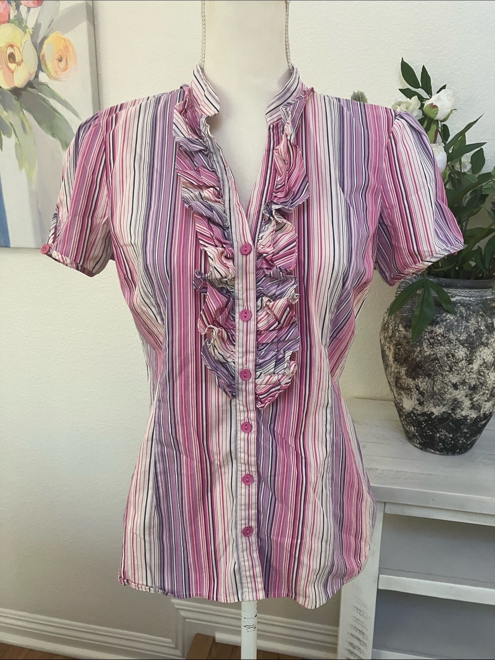 Y2k Nicole by Nicole Miller Pink & Purple Striped Ruffle Button-Down Blouse